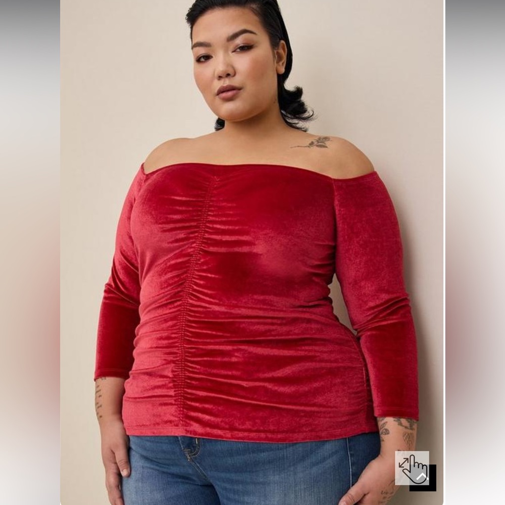 Torrid Stretch Velvet Shirred Front Off The Shoulder Top